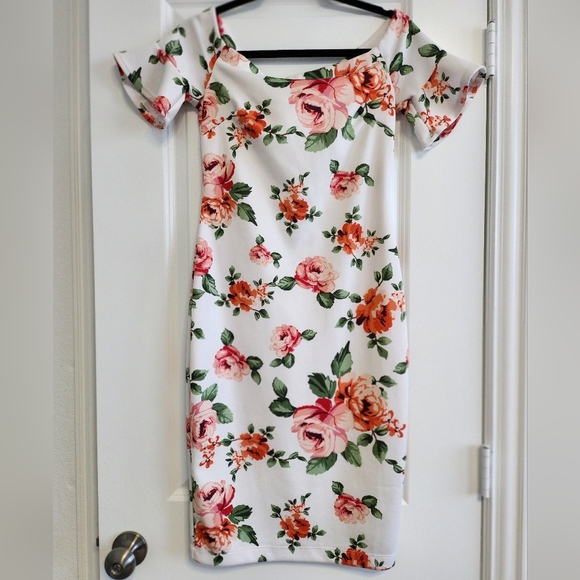 Bisou Bisou White and Pink Ruffled Bodycon Midi Dress - Picture 1 of 6